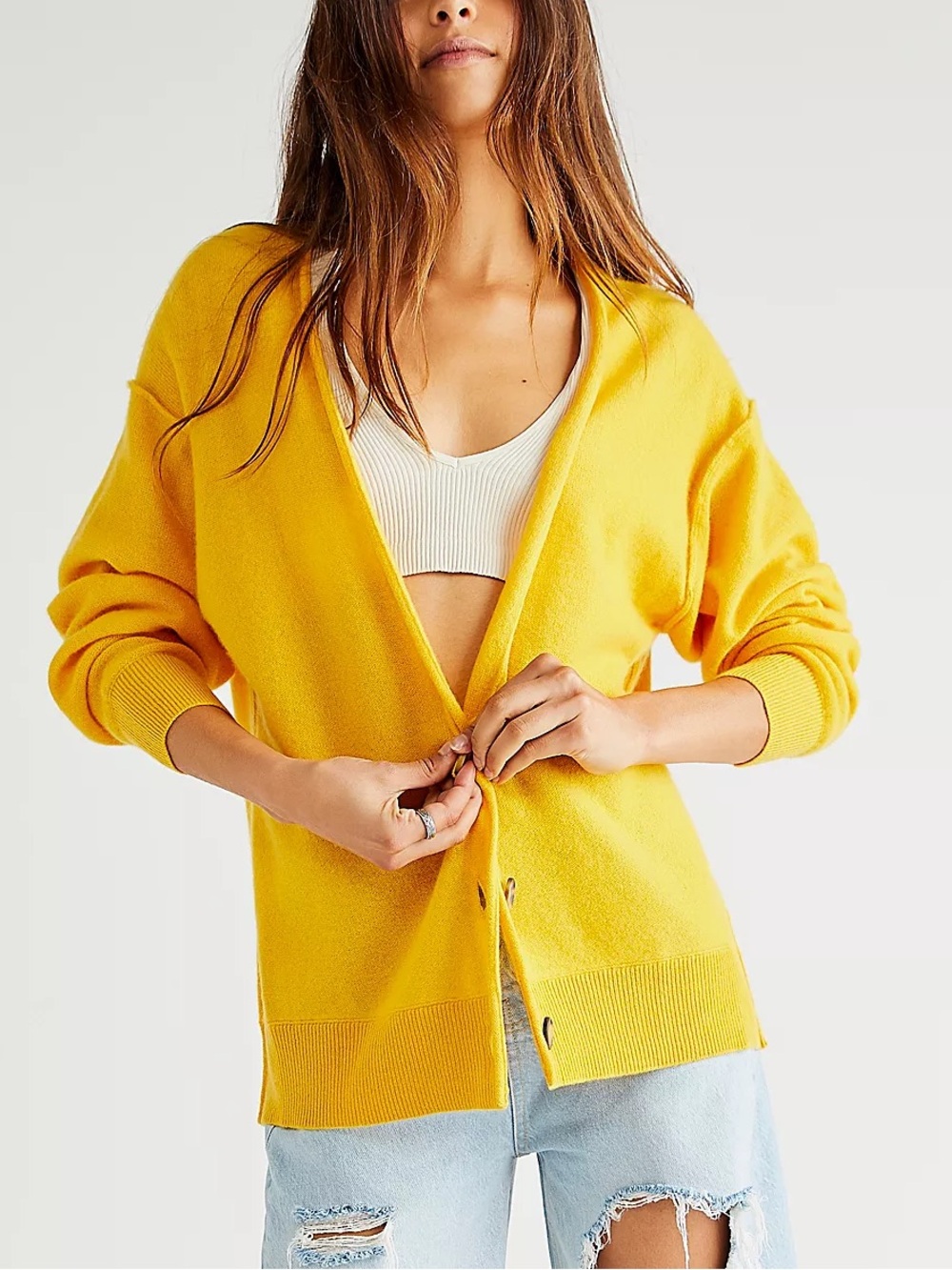 Free People School Boy Cardi Yellow Women's Cashmere Cardigan Sweater S